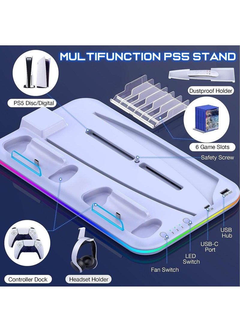 PS5 Cooling Stand with Dual Controller Charger, Vertical Charging Station with LED Light, Cooling Fan, USB Hub and Game Storage Holder, Compatible with PS5 Slim PS5 Pro and PS5 Console Gaming Accessories (White) - Image 4