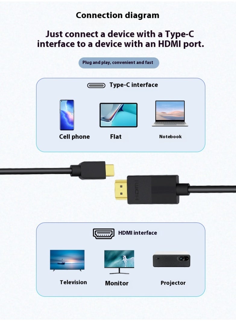 كابل Type-C إلى HDMI بدقة 4K 60Hz – وضع مزدوج، جاهز للتوصيل والتشغيل، بموصلات مطلية بالذهب، مزامنة الصوت والفيديو، متوافق مع الهواتف/الأجهزة اللوحية/الحواسيب المحمولة للتوصيل بالتلفاز أو البروجيكتور - Image 3