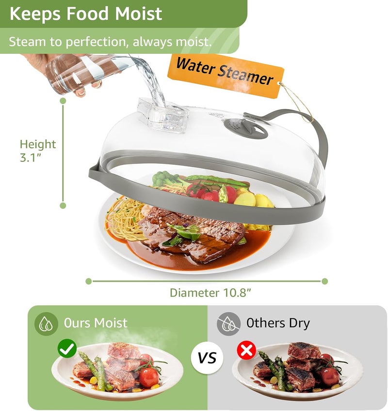 NUTIKAS Microwave Splatter Cover with Water Steamer for Food - 10 Inch Steam Microwave Splatter Guard with Handle Plate Covers for Heating Food Splash Oven Lid with Built in Steamer - Image 3