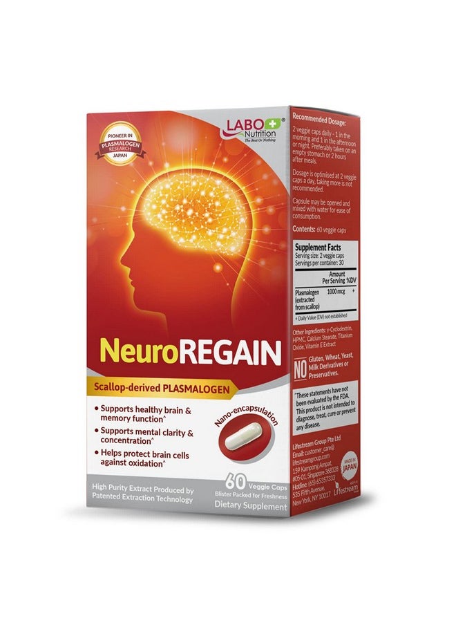 LABO Nutrition - LABO Nutrition NeuroREGAIN - Scallop-derived PLASMALOGEN for Brain Deterioration, Memory, Alertness, Learning, Concentration and Other Cognitive Functions - Suitable for Seniors, Adult Men & Women - Image 1