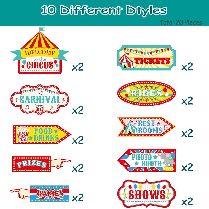 Skylety 20 Pieces Circus Carnival Party Direction Signs Circus Sign Decor Circus Welcome Signs for Birthday Showman Themes Party Decoration Accessories - Image 4