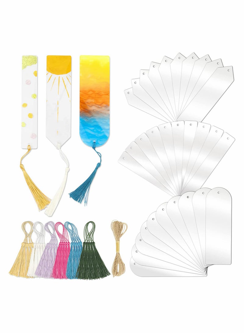 Excefore Acrylic Bookmarks Blanks Bulk, 30 Pieces Clear Bookmark Clear Plastic Set for DIY Projects and Present Tag (3 Shape of Bookmarks and 6 Color Tassels) - Image 1
