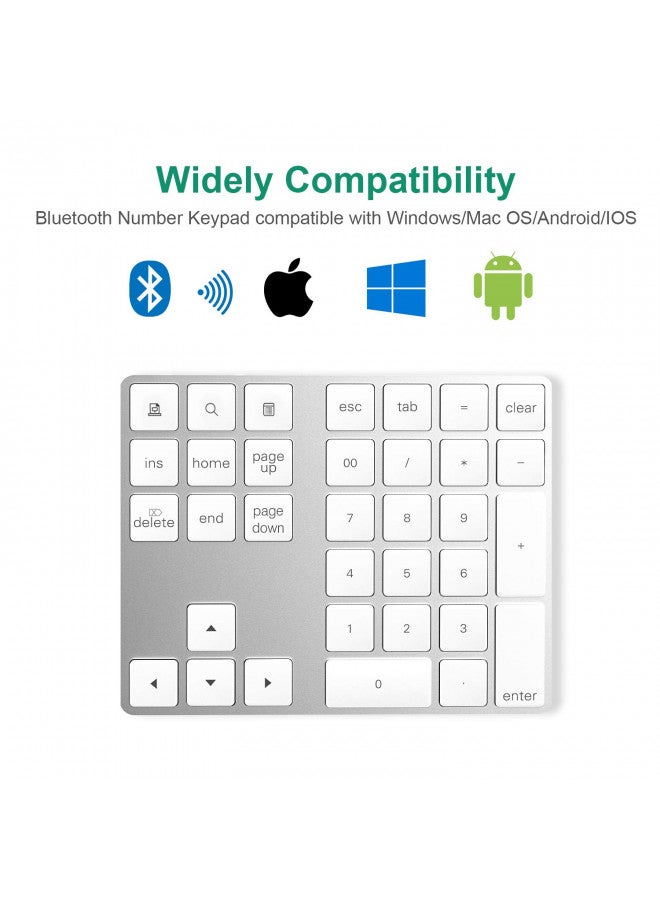 Bluetooth Numeric Keypad with Multiple Shortcuts 34-Keys Number Pad Wireless Portable Slim Number Pad for iPad/Mac/Laptop/PC Compatible with Windows Android iOS System