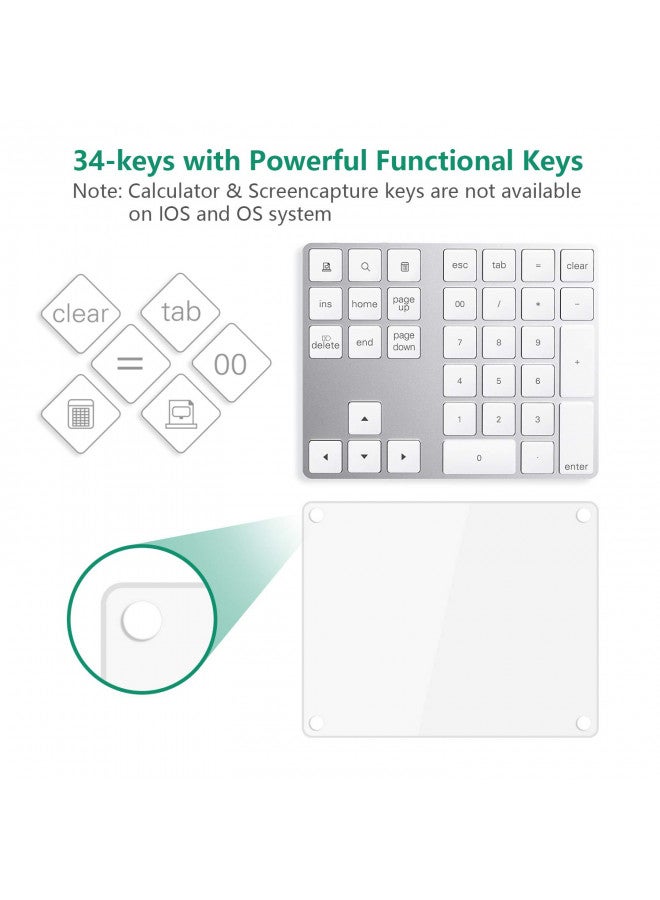 Bluetooth Numeric Keypad with Multiple Shortcuts 34-Keys Number Pad Wireless Portable Slim Number Pad for iPad/Mac/Laptop/PC Compatible with Windows Android iOS System