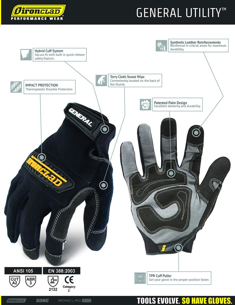 Ironclad General Utility Work Gloves GUG, All-Purpose, Performance Fit, Durable, Machine Washable, Sized Medium, (1 Pair) Black - Image 5
