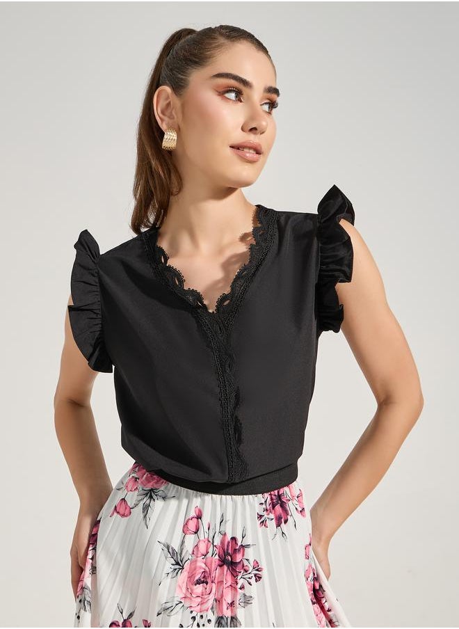 Take Two Solid Lace Insert V Neck Blouse  - Image 1