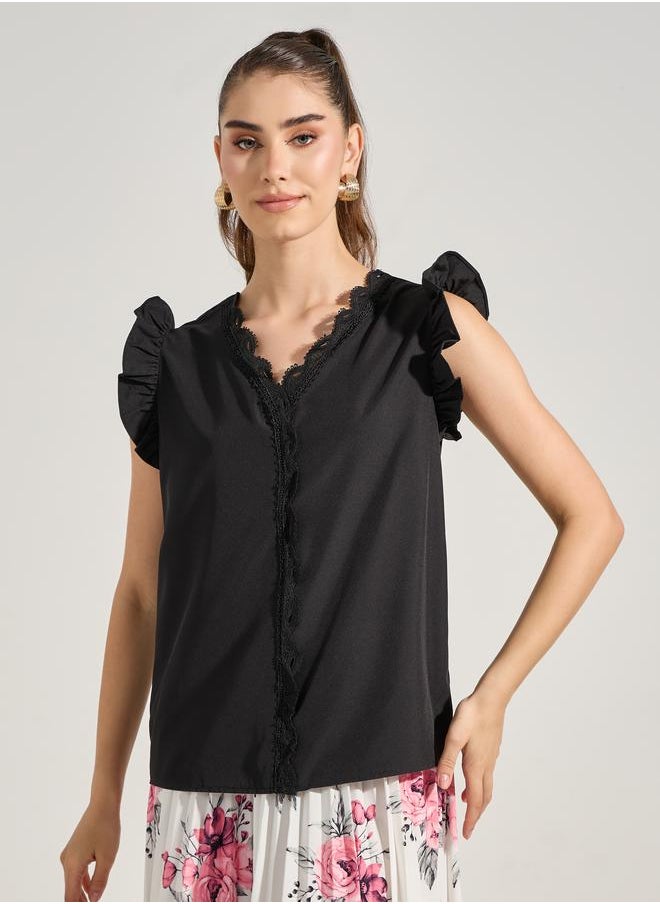Take Two Solid Lace Insert V Neck Blouse  - Image 3