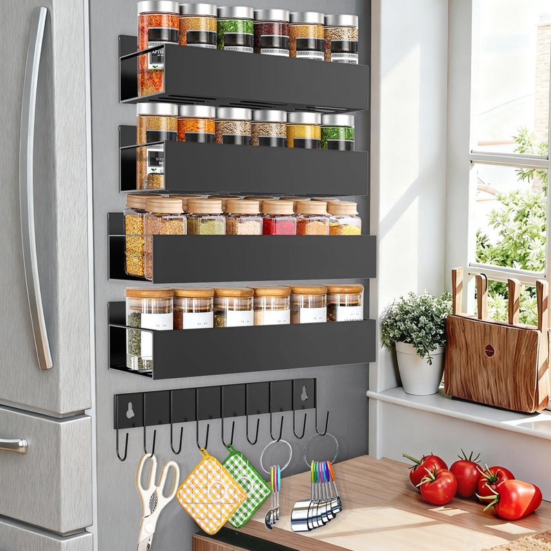 SMRCAD Magnetic Spice Rack for Refrigerator Seasoning Organizer for Spice Fridge Shelf storage Magnetic Shelf with Hook for Oven (4pack1hook-Black) - Image 1