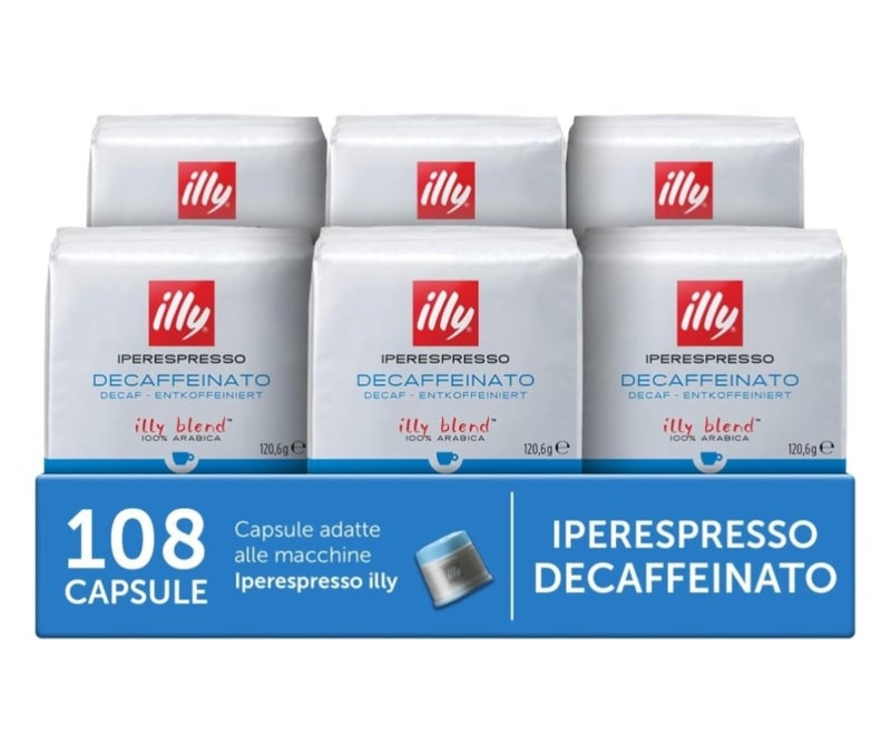 illy Iperespresso Decaf Coffee Capsules – Medium Roast, 100% Arabica, Single-Serve Pods, Compatible with illy Machines – 18 Capsules per Pack, 6 Pack Bundle - Image 1