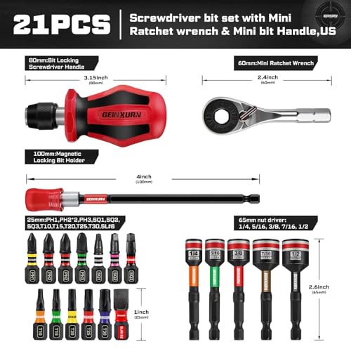 Geinxurn 21 Pieces Tool Kit Include Mini Ratchet Wrench S2 Steel Screwdriver Bit Mini Screwdriver Handle Magnetic Locking Bit Holde Socket Wrench Nut Driver Set Portable Hand Tools Set for Repair - Image 3