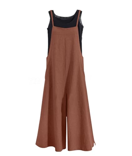YESNO Women Casual Loose Boyfriend Bib Pants Summer Wide Leg Cotton Jumpsuits Rompers with Pockets XS5X S PZZTYP2 Coffee