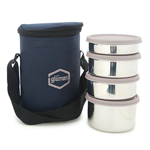 Gluman Steel Lunch Box | 4 Steel Containers with BPA-Free Lids (500 ml, 350 ml, 350 ml & 250 ml) | Ideal for Office, School, College | Leakproof Insulated with Fabric Bag (Grey) - Image 1