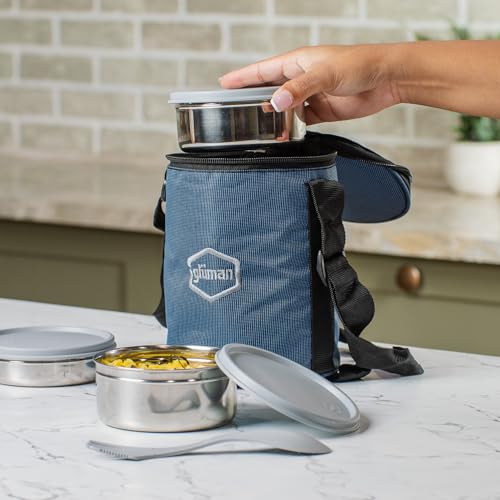 Gluman Steel Lunch Box | 4 Steel Containers with BPA-Free Lids (500 ml, 350 ml, 350 ml & 250 ml) | Ideal for Office, School, College | Leakproof Insulated with Fabric Bag (Grey) - Image 3