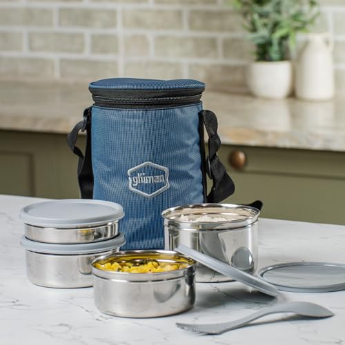 Gluman Steel Lunch Box | 4 Steel Containers with BPA-Free Lids (500 ml, 350 ml, 350 ml & 250 ml) | Ideal for Office, School, College | Leakproof Insulated with Fabric Bag (Grey) - Image 2