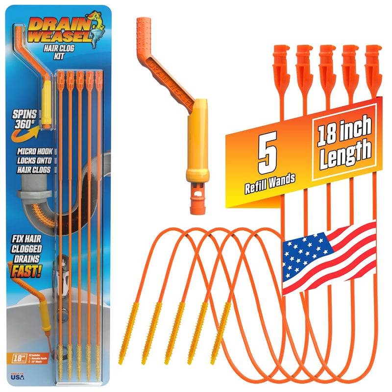 FlexiSnake Drain Weasel Sink Snake Hair Clog Remover Tool, Pipe, Bathroom, Bathtub Cleaner, 18-inch, Made in the USA, 5 Wands and Removable Handle - Image 1