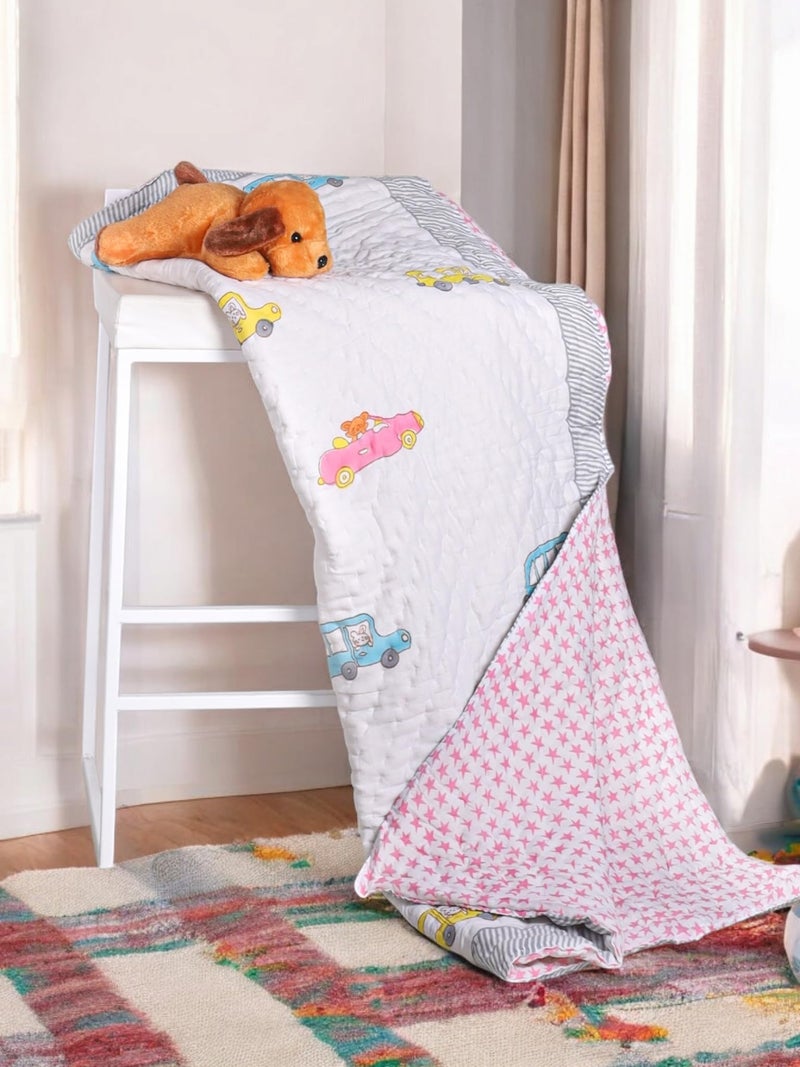 Feels Like Home Handcrafted Home Linen Feels Like Home Baby Quilt - Pink Car Cotton Baby Super Soft Lightweight Reversible All Season Use Comforter AC Blanket Baby Wrap for Kids, 60 x 90 Inch (0-5 Years) - Image 1