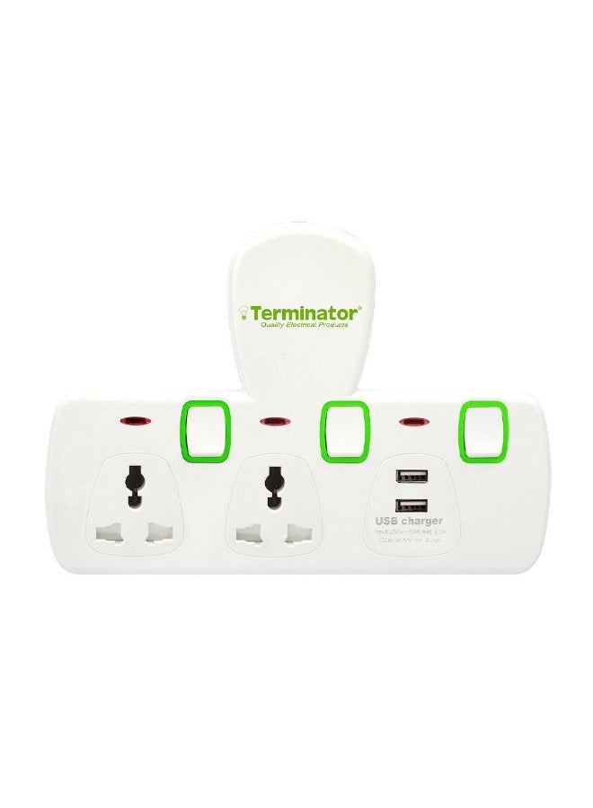 Terminator 2-Way Universal T-Socket Multi Adapter – 2 USB Ports (2.1A), Individual Switches, LED Indicators, 13A Fused Plug - Image 1