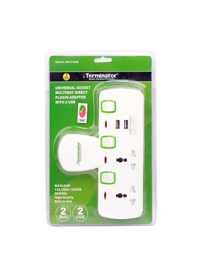 Terminator 2-Way Universal T-Socket Multi Adapter – 2 USB Ports (2.1A), Individual Switches, LED Indicators, 13A Fused Plug - Image 2