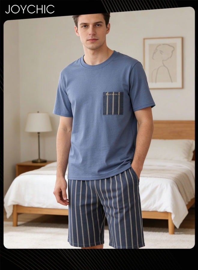 Joychic 2-piece Men Summer Modal Cotton Silk Pajama Set Short-sleeved Short Pants Stripe Pattern Skin-friendly Breathable Home Sleepwear for Teenagers Men - Image 1