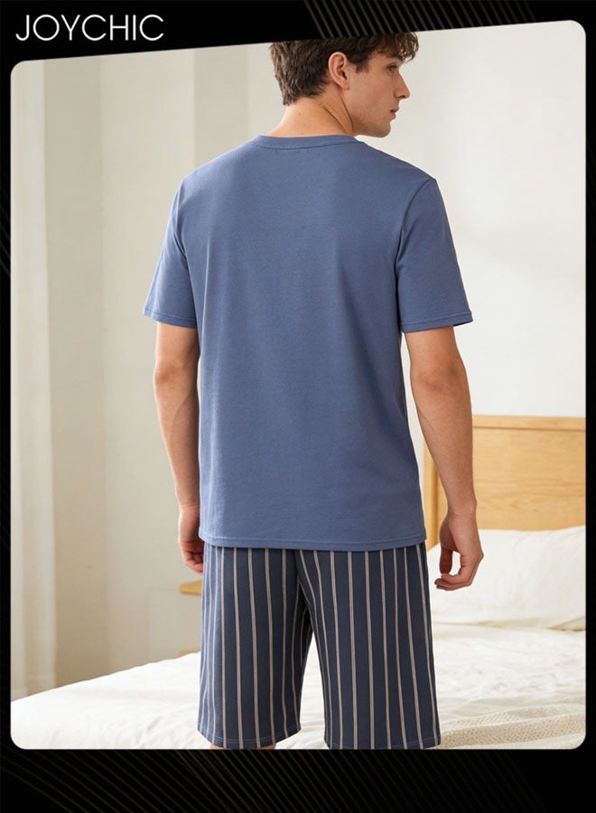 Joychic 2-piece Men Summer Modal Cotton Silk Pajama Set Short-sleeved Short Pants Stripe Pattern Skin-friendly Breathable Home Sleepwear for Teenagers Men - Image 3