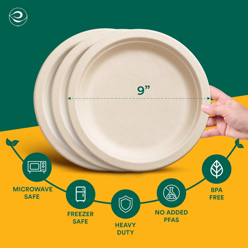ECO SOUL 9 Inch Compostable Disposable Paper Plates [100 Pack] Food Safe 100% Virgin Bagasse Pulp Heavy Duty Biodegradable Microwave Safe Large Round Dinner Plate for Party, Picnic & BBQ (Brown) - Image 2