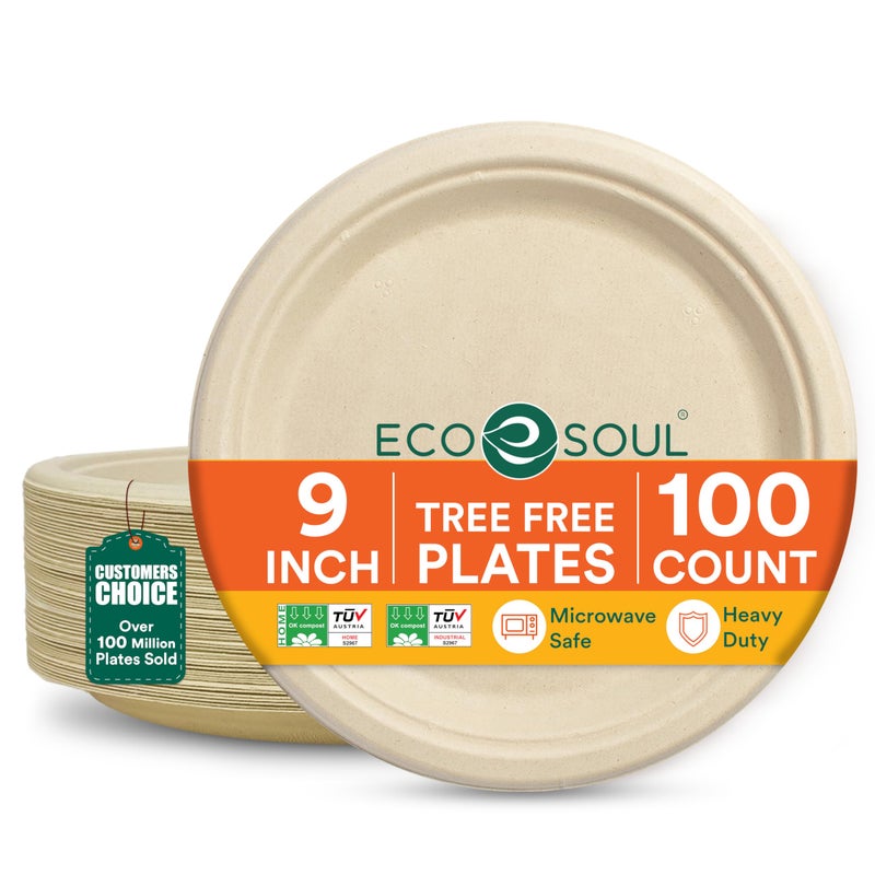 ECO SOUL 9 Inch Compostable Disposable Paper Plates [100 Pack] Food Safe 100% Virgin Bagasse Pulp Heavy Duty Biodegradable Microwave Safe Large Round Dinner Plate for Party, Picnic & BBQ (Brown) - Image 1