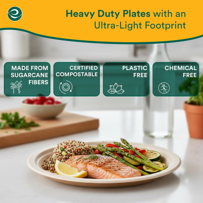 ECO SOUL 9 Inch Compostable Disposable Paper Plates [100 Pack] Food Safe 100% Virgin Bagasse Pulp Heavy Duty Biodegradable Microwave Safe Large Round Dinner Plate for Party, Picnic & BBQ (Brown) - Image 3
