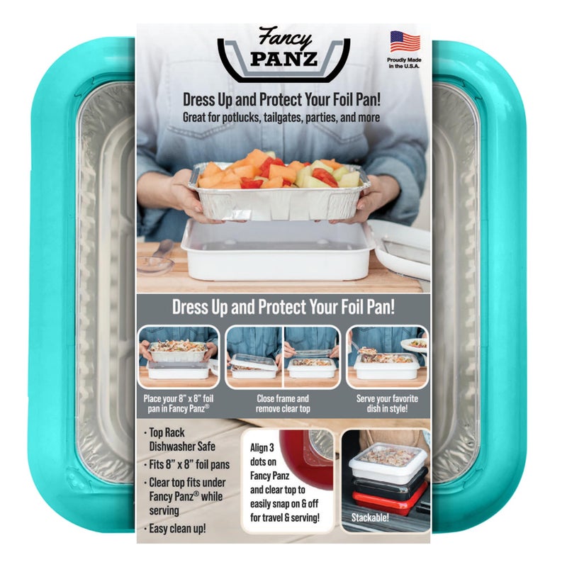 Fancy Panz Serving Tray for Food Made in the USA Foil Pan Carrier Stackable Aluminum Pan Holders 8x8 Travel Casserole Carrier With 1 Disposable Foil Pan  Serving Spoon Aqua