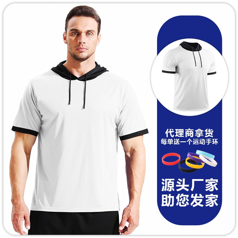 Generic Summer Basketball Hooded Sportswear Running Mountain Climbing Color Matching Fitness T-shirt Quick-drying Comfortable Short-sleeved Training Top White