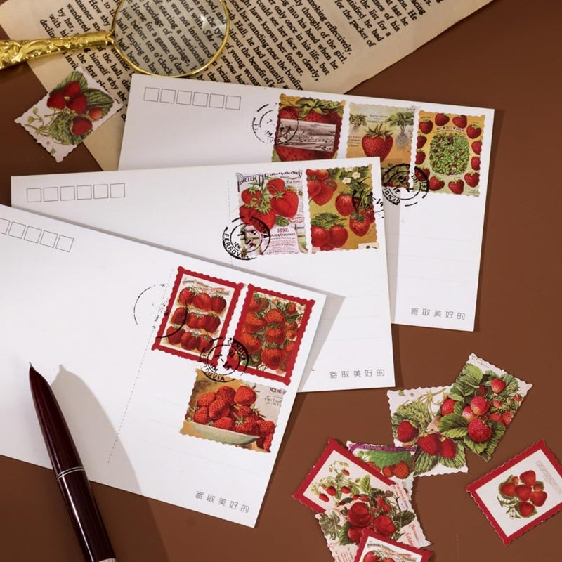 Obujopal 46 Pcs Strawberry Postage Stamp Stickers for Scrapbooking Junk Journal Card Making Envelope Collage Planner Diary Phone Case Hademade DIY Craft Decoration, 23 Patterns - Image 5