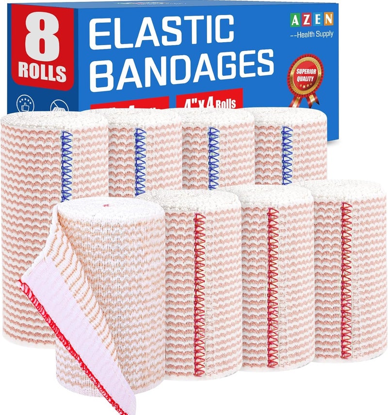 AZEN Premium 8 Pack Elastic Bandage Wrap (4x3, 4x4), Compression Wrap Bandage for Legs, Ankle, Knee, Tummy, Body, Latex-Free, Lymphedema Wraps for Legs