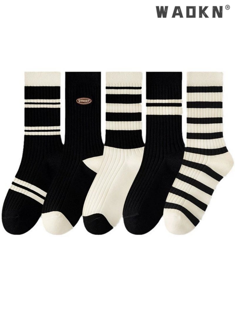 دبليو أيه أو كي أن 5 أزواج من الجوارب النسائية المخططة، جوارب طاقم عتيقة، جوارب نسائية فضفاضة رياضية للساق، جوارب قطنية مطاطية غير رسمية، جوارب غير رسمية - مثالية للارتداء اليومي - Image 1