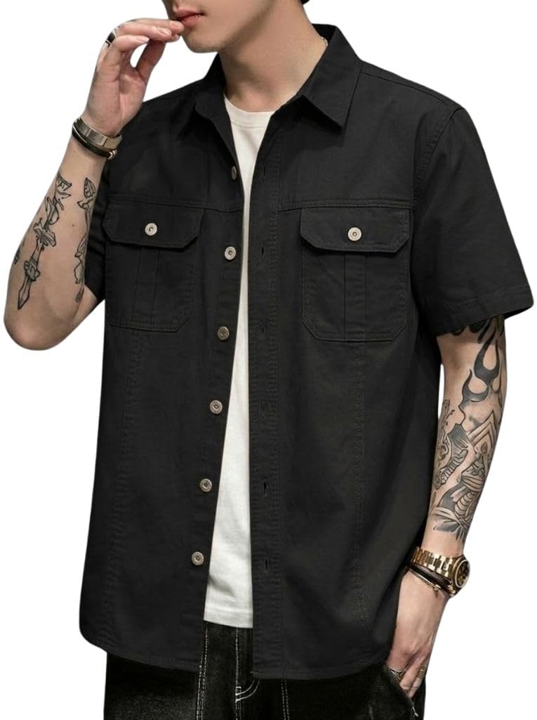 SMOWKLY Men's Casual Solid Printed Cotton Regular Fit Shirt || Half Sleeve, Button Down, Double Front Pocket || Denim Jacket Style Fashionable Western Outfit (1652_BK_2XL) - Image 1