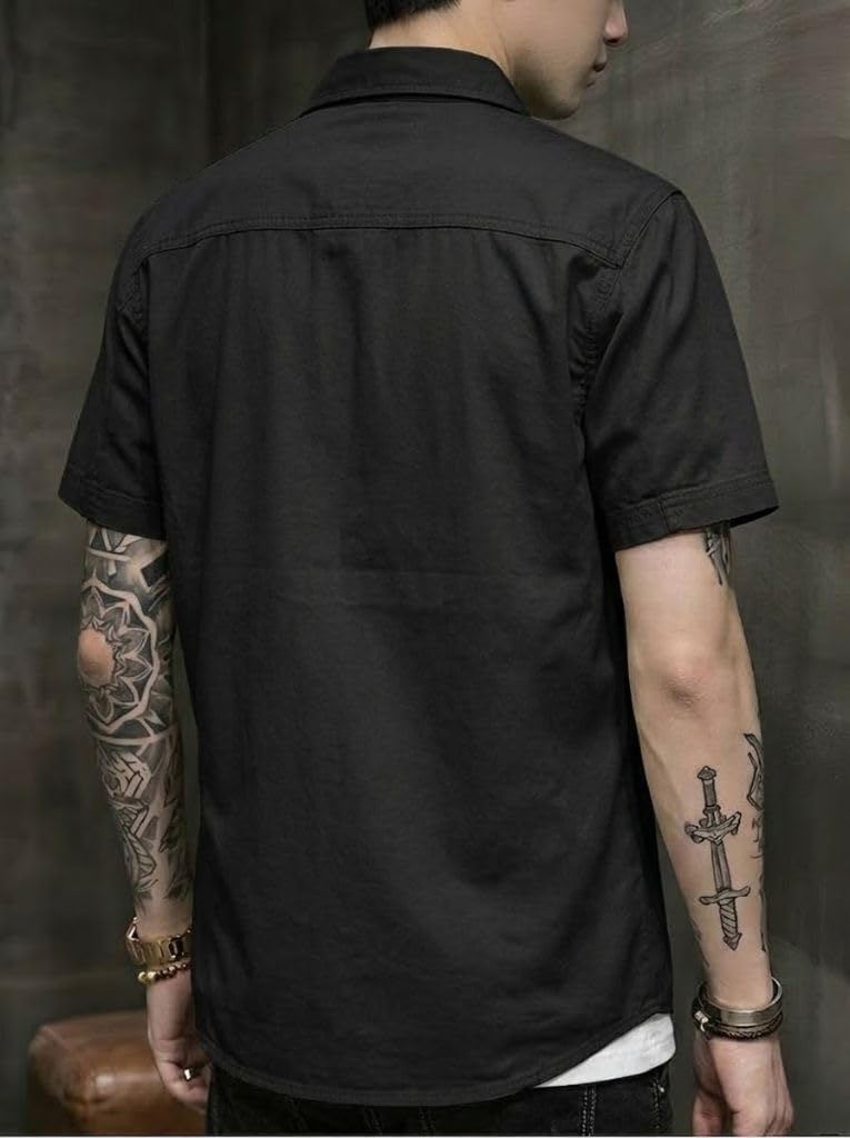 SMOWKLY Men's Casual Solid Printed Cotton Regular Fit Shirt || Half Sleeve, Button Down, Double Front Pocket || Denim Jacket Style Fashionable Western Outfit (1652_BK_2XL) - Image 3