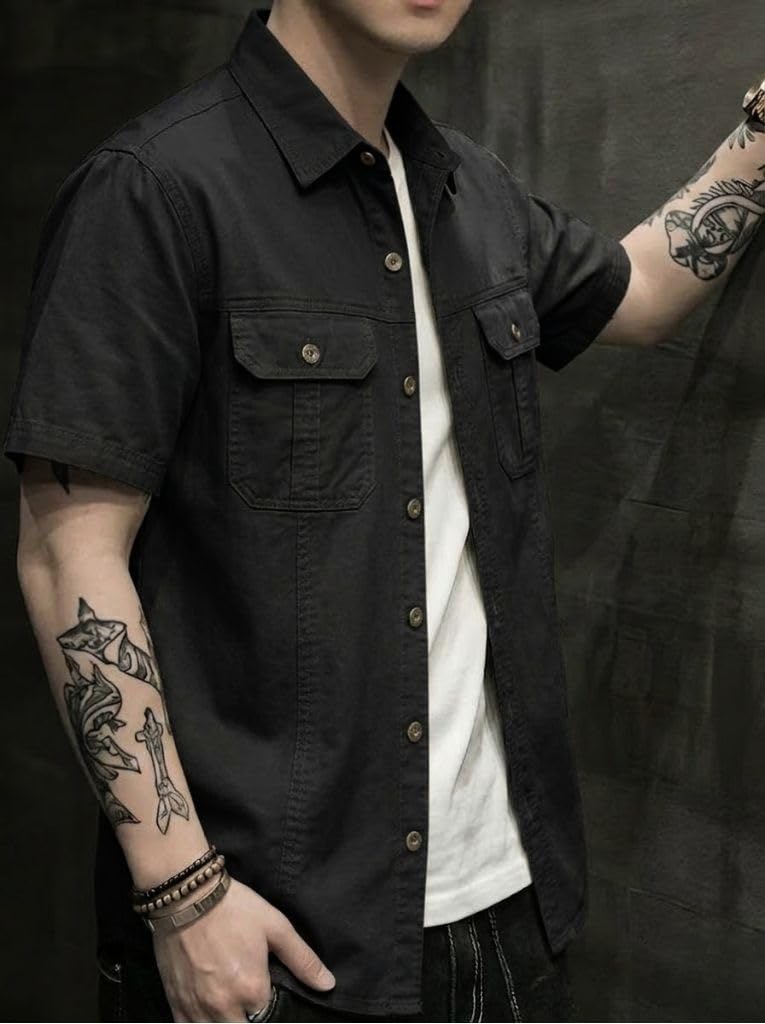 SMOWKLY Men's Casual Solid Printed Cotton Regular Fit Shirt || Half Sleeve, Button Down, Double Front Pocket || Denim Jacket Style Fashionable Western Outfit (1652_BK_2XL) - Image 4