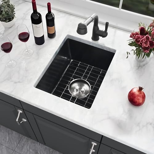 MILOSEN Black Undermount Bar Sink, 16x18 inch Small Kitchen Sink, Quartz Single Bowl Kitchen Sinks,Undermount Granire Composite Wet Bar Prep Kitchen Sink - Image 1