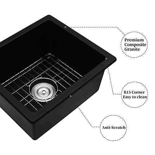 MILOSEN Black Undermount Bar Sink, 16x18 inch Small Kitchen Sink, Quartz Single Bowl Kitchen Sinks,Undermount Granire Composite Wet Bar Prep Kitchen Sink - Image 5