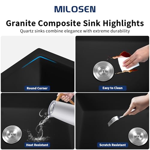MILOSEN Black Undermount Bar Sink, 16x18 inch Small Kitchen Sink, Quartz Single Bowl Kitchen Sinks,Undermount Granire Composite Wet Bar Prep Kitchen Sink - Image 4