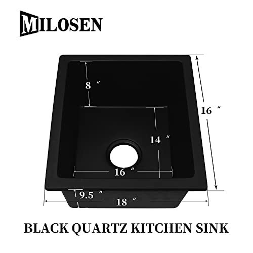 MILOSEN Black Undermount Bar Sink, 16x18 inch Small Kitchen Sink, Quartz Single Bowl Kitchen Sinks,Undermount Granire Composite Wet Bar Prep Kitchen Sink - Image 3