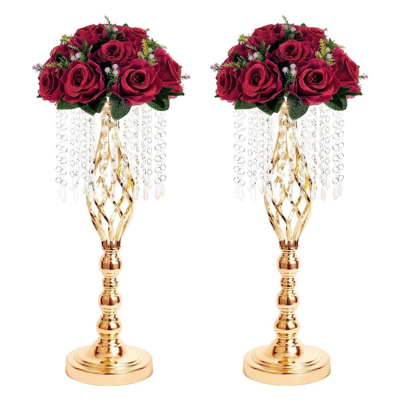 Lovecat Metal Flower Stands with Crystal Beads Wedding Centerpieces for Table Decorations Elegant Metal Flower Arrangement Stands Flower Vases for Wedding Party Celebration Home Decor Gold2pcs