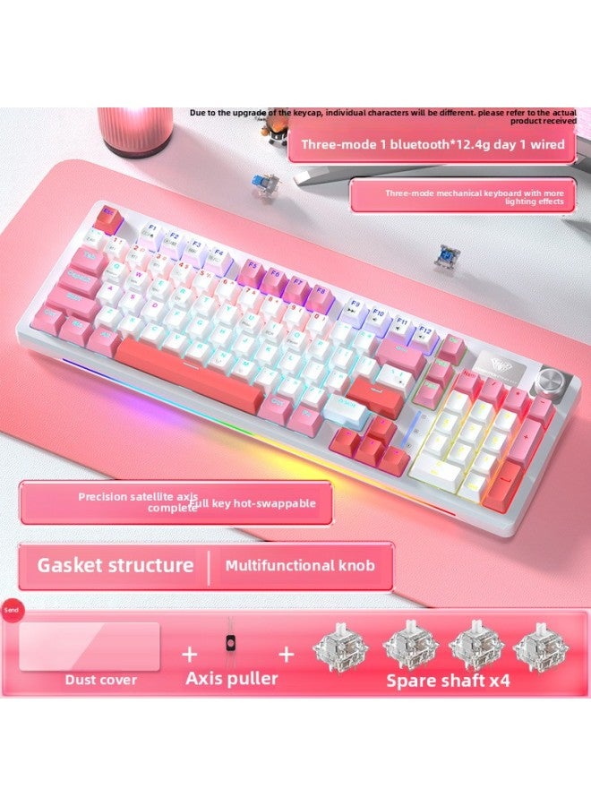 S98 Wireless Mechanical Keyboard Customized Three-mode E-sports Game Keyboard And Mouse Suit Hot Plug Office Dedicated-Color:Brown Switch - Pink, White And Red - Comes With: Dust Cover + Full-page Pink Keycaps - Yes - 96 Keys  - Image 1