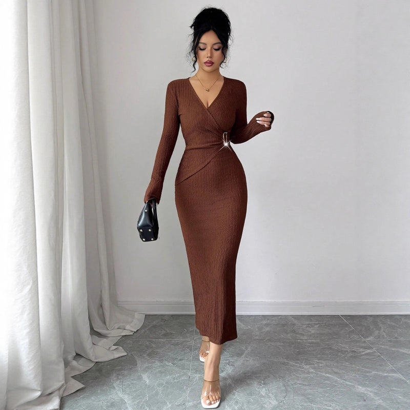 Women's Knit Bodycon Dress V-Neck Long Sleeve Solid Brown - Image 4