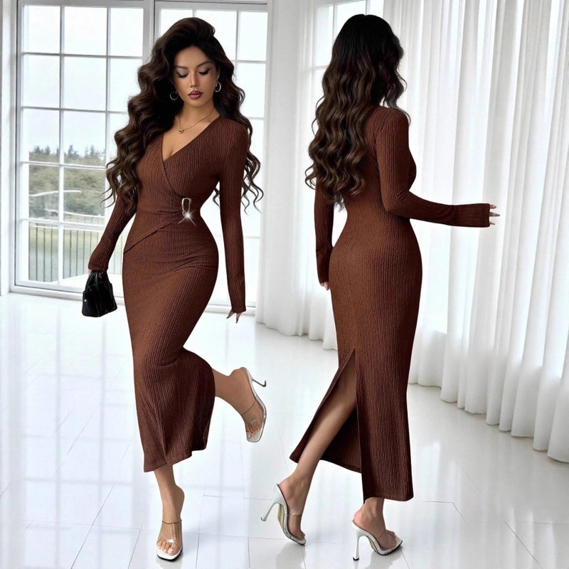 Women's Knit Bodycon Dress V-Neck Long Sleeve Solid Brown - Image 1