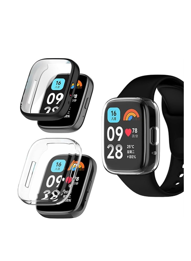 SYOSI Screen Protector, Compatible for Xiaomi Redmi Watch 3, Watch 3 Active, Full Coverage Plated Watch Protective Cover Case with Tempered Glass Bumper Shell Cover, 2 Pcs, Black+Transparent  - Image 1