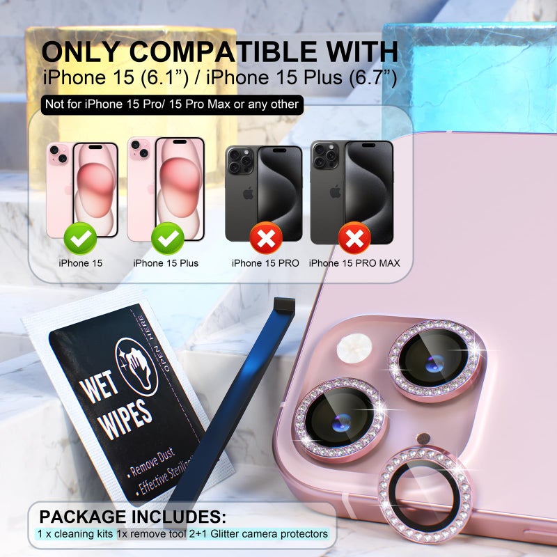 Choiche Compatible for iPhone 15 /iPhone 15 Plus Camera Lens Protector Bling, 9H Tempered Glass Camera Cover Screen Protector Metal Ring Decoration Accessories (Diamond-Pink) - Image 2