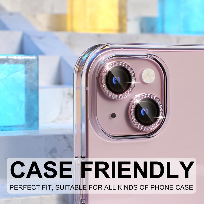 Choiche Compatible for iPhone 15 /iPhone 15 Plus Camera Lens Protector Bling, 9H Tempered Glass Camera Cover Screen Protector Metal Ring Decoration Accessories (Diamond-Pink) - Image 4