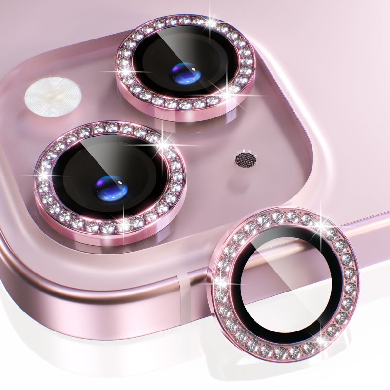 Choiche Compatible for iPhone 15 /iPhone 15 Plus Camera Lens Protector Bling, 9H Tempered Glass Camera Cover Screen Protector Metal Ring Decoration Accessories (Diamond-Pink) - Image 1