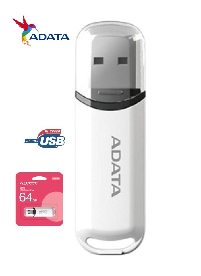 ADATA - C906 Compact | 64GB USB 2.0 Flash Drive | Lightweight and Fast Data Transfer | White - Image 1
