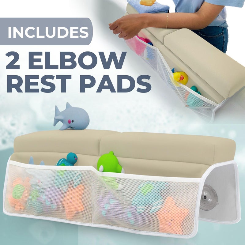 Toodly Baby Bath Kneeler and Elbow Rest Pad Set - Baby Bath Support for Knees and Elbows - Bath Kneeler Pad with Memory Foam and Bath Toys Organizer - Ideal Bath Kneeling Pad for Bathing Baby - Beige - Image 3
