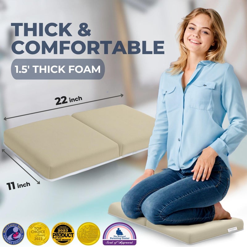 Toodly Baby Bath Kneeler and Elbow Rest Pad Set - Baby Bath Support for Knees and Elbows - Bath Kneeler Pad with Memory Foam and Bath Toys Organizer - Ideal Bath Kneeling Pad for Bathing Baby - Beige - Image 2